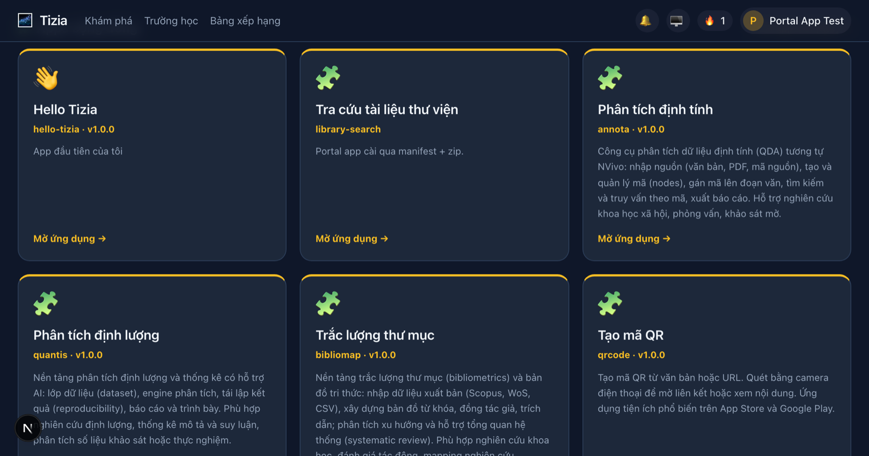 Trang Ứng dụng của Tizia, mục Apps cộng đồng hiển thị các thẻ app đã cài
