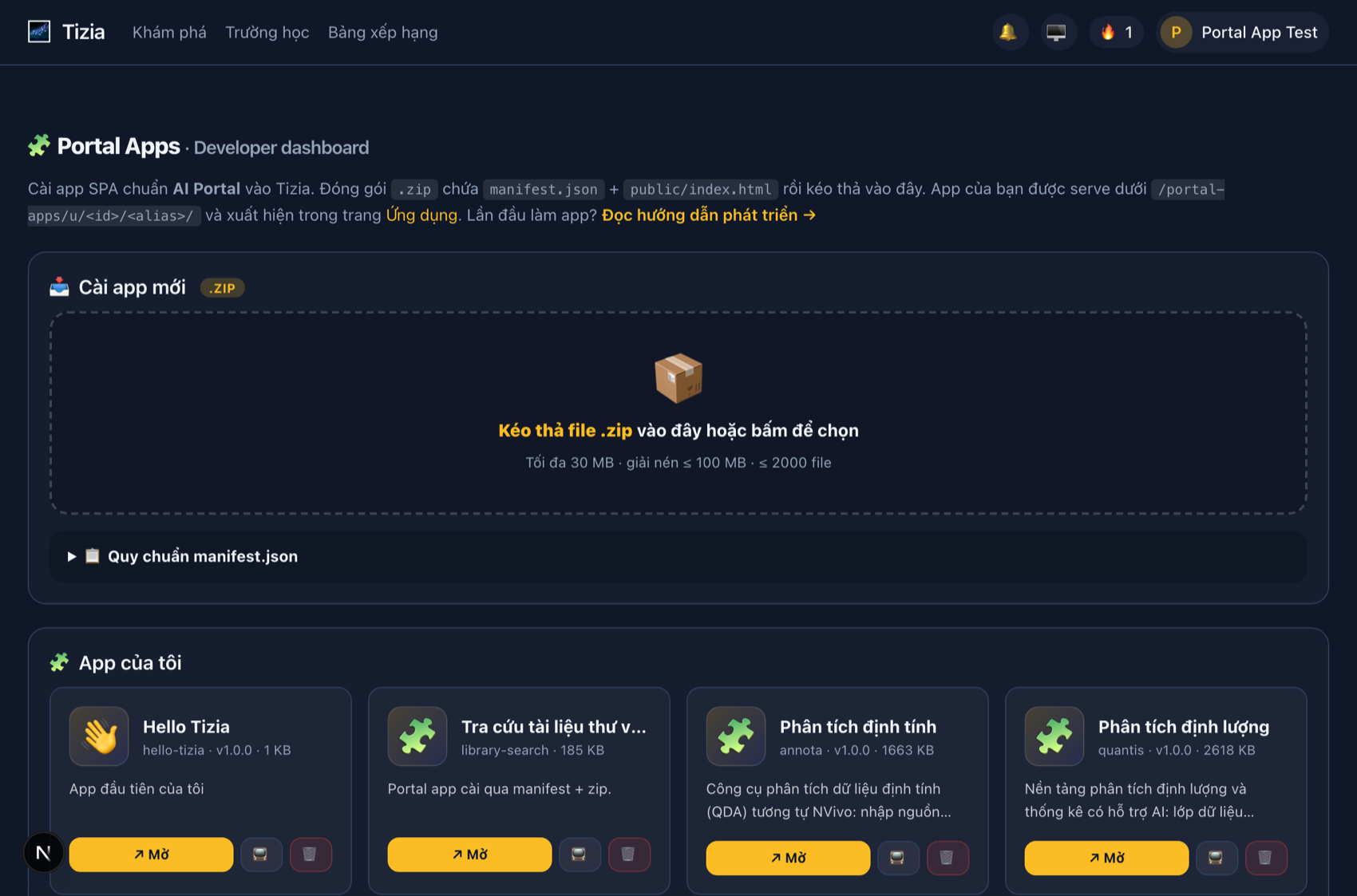 Trang Portal Apps với vùng kéo thả file zip và danh sách app đã cài